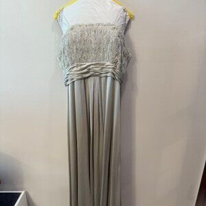 Theia SIlver Silk Strapless Gown with Beaded Bodice Size 14